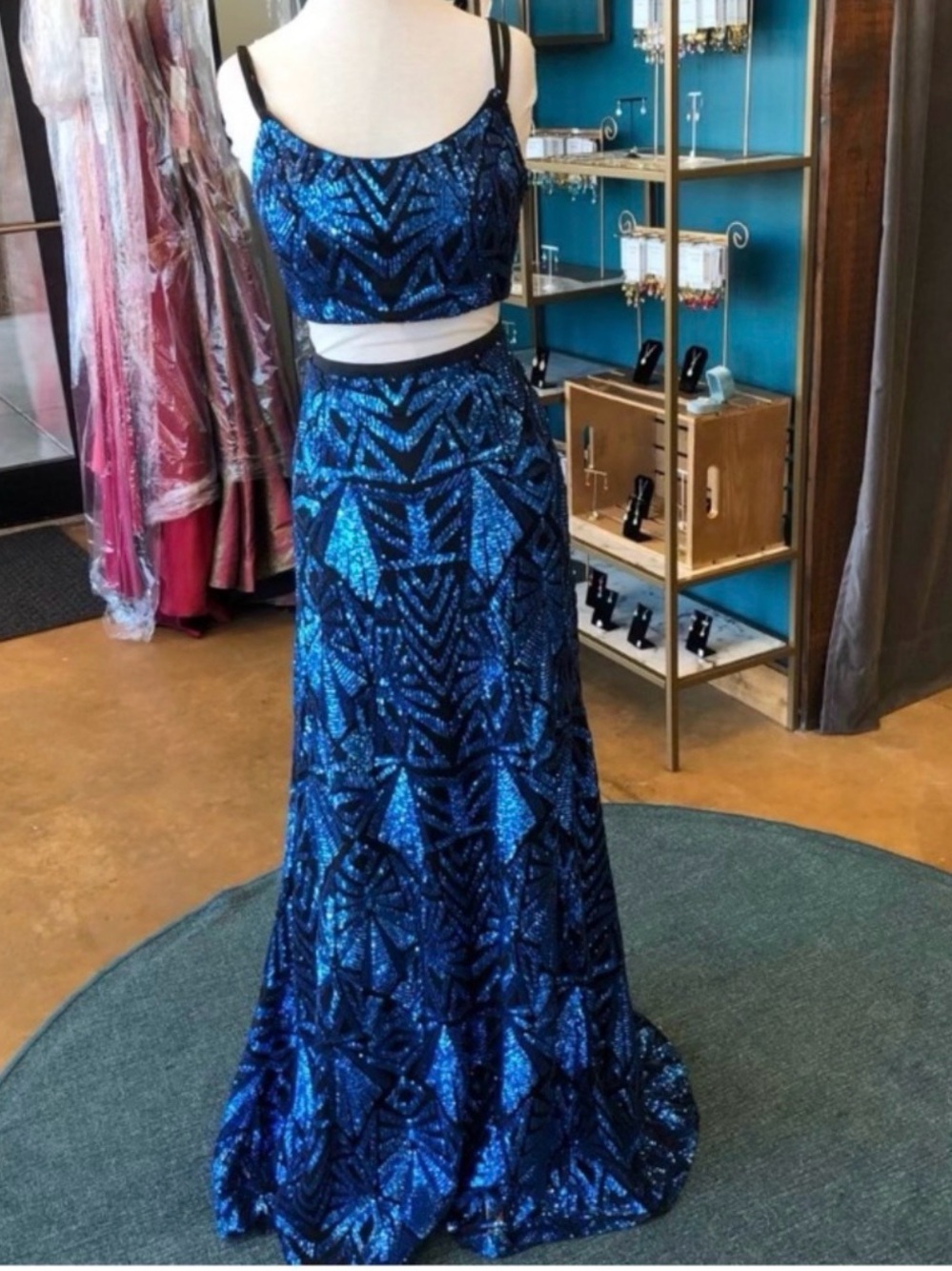 madison james Blue Sequin Two-Piece Prom Gown